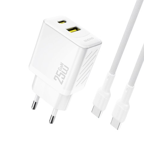 Ładowarka sieciowa USB-A USB-C z kablem USB-C GaN PD QC 25W - biała