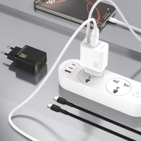 Ładowarka sieciowa USB-A USB-C z kablem USB-C GaN PD QC 25W - biała