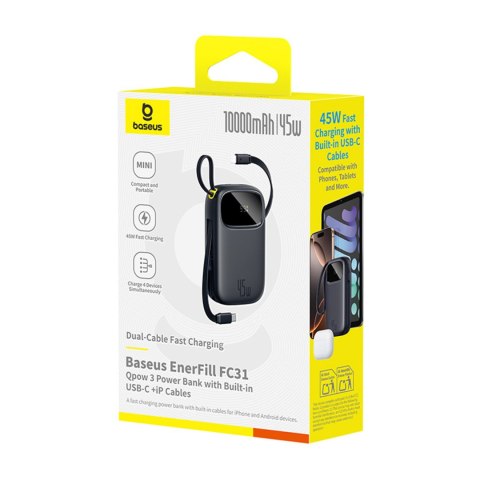 Powerbank 10000mAh 45W z kablami USB-C iPhone Lightning EnerFill FC31 - czarny