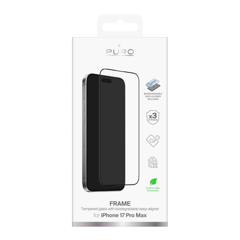 Szkło hartowane na iPhone 17 Pro Max z aplikatorem i czarną ramką Puro Frame