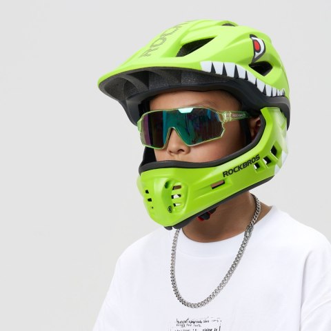 Kask rowerowy dziecięcy z odpinaną szczęką rozmiar M 54-58cm - zielony rekin