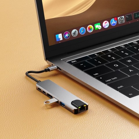 6w1 HUB Adapter USB-C USB-A HDMI RJ45 4K 30Hz PD 100W - szary