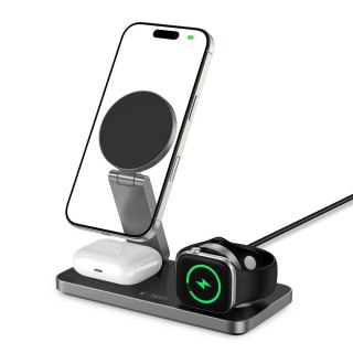 Ładowarka indukcyjna 3w1 do smartfona smartwatcha słuchawek z kablem USB-C - czarna