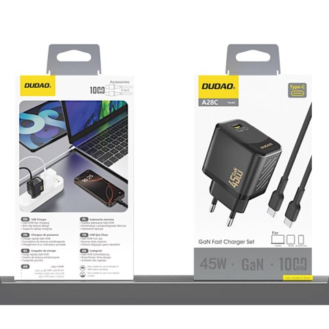 Ładowarka sieciowa GaN z kablem USB-C 45W - czarna