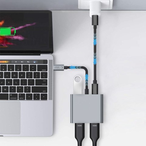 HUB adapter 4w1 USB-C USB-A 2x HDMI 4K 60HZ - szary