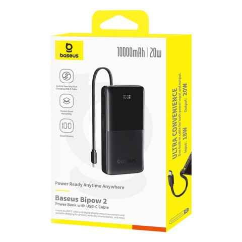 Powerbank Bipow 2 10000mah 20W z wyświetlaczem wbudowanym kablem USB-C - czarny