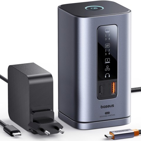 HUB Stacja dokująca 11w1 USB-C HDMI DP USB-A USB-C RJ45 PD mini jack 3.5mm ładowarka EU - szara