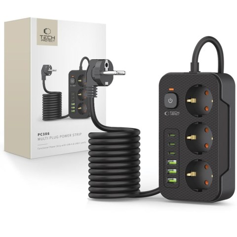 Listwa zasilająca przedłużacz 3 gniazda 240V USB-A USB-C 2m - czarna