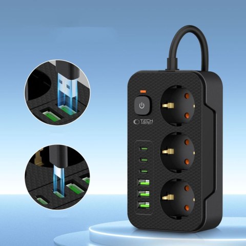 Listwa zasilająca przedłużacz 3 gniazda 240V USB-A USB-C 2m - czarna