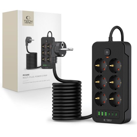 Listwa zasilająca przedłużacz 6 gniazd 240V USB-A USB-C 2m - czarna