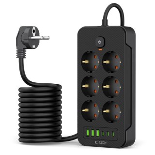 Listwa zasilająca przedłużacz 6 gniazd 240V USB-A USB-C 2m - czarna