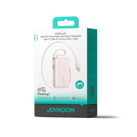Powerbank 10000mAh 35W ze zwijanym kablem USB-C kablem-smyczą Lightning - różowy