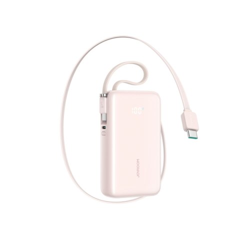 Powerbank 10000mAh 35W ze zwijanym kablem USB-C kablem-smyczą USB-C - różowy