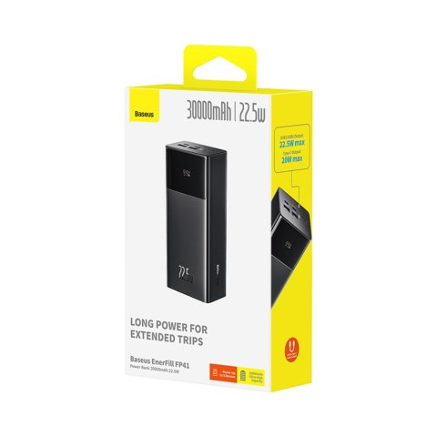 Powerbank 30000mAh 22.5W z kablem USB-A - USB-C 3A 30cm - czarny