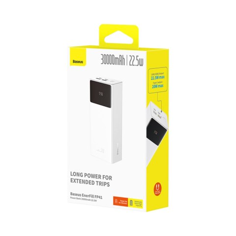 Powerbank 30000mAh 22.5W z kablem USB-A - USB-C 3A 30cm - biały