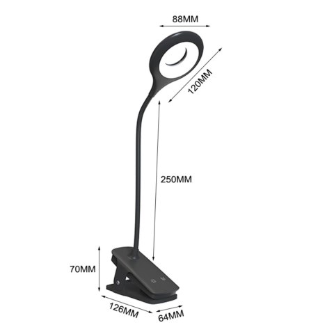Mini lampka bezprzewodowa LED do czytania z klipsem kablem USB-C 80lm - czarna