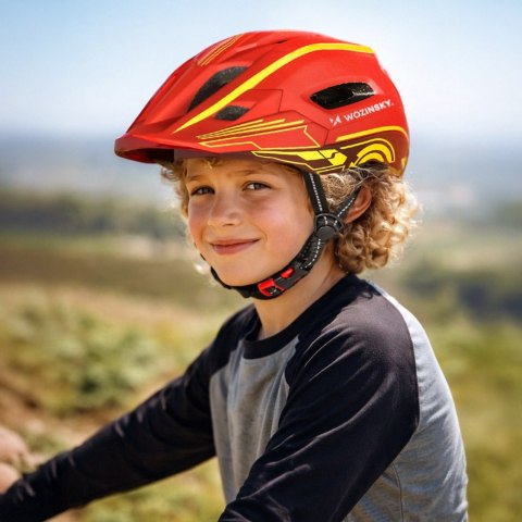 Kask rowerowy fullface dziecięcy z tylną lampką USB 52-56 cm - czerwono żółty