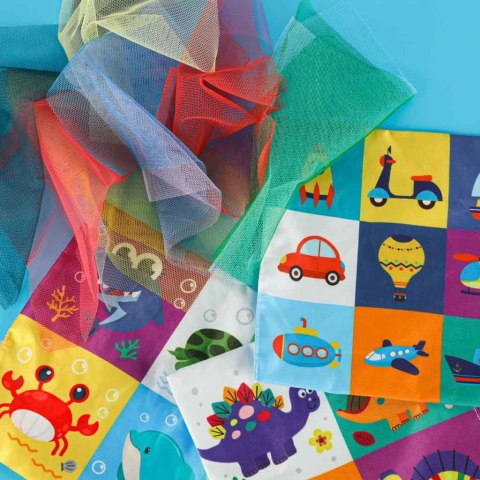Sorter pudełko z chusteczkami sensoryczne montessori pluszowe cyfry litery