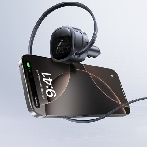 Ładowarka samochodowa USB-A USB-C ze zwijanym kablem USB-C 60W - czarna