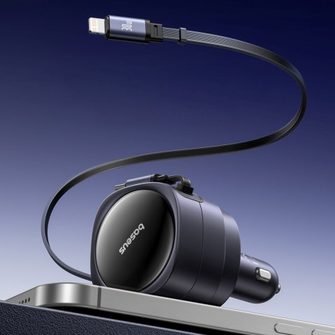 Ładowarka samochodowa ze zwijanymi kablami USB-C iPhone Lightning 60W - czarna