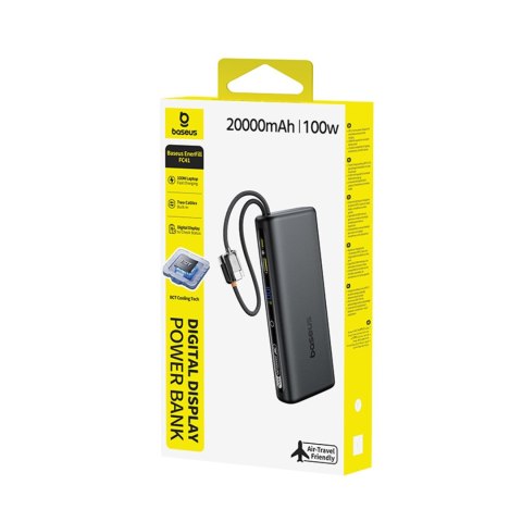 Powerbank 20000mAh 100W z wyświetlaczem wbudowanymi kablami USB-C - czarny