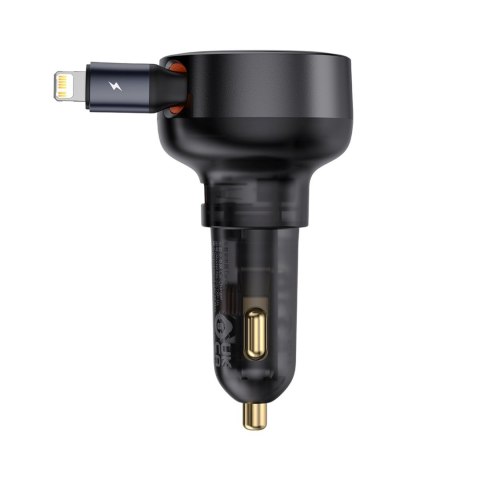 Ładowarka samochodowa USB-A ze zwijanym kablem iPhone Lightning 55W - czarna