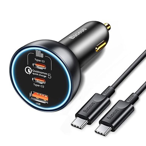 Ładowarka samochodowa z technologią Qualcomm Quick Charge 5 USB-C USB-A 160W - szara
