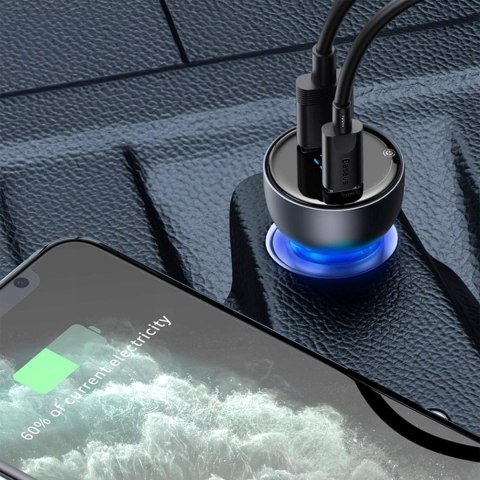 Ładowarka samochodowa z wyświelaczem USB-A USB-C QC PPS 65W - ciemnoszara