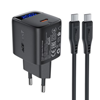 Ładowarka sieciowa z wyświetlaczem kablem USB-C GaN PD 20W - czarna