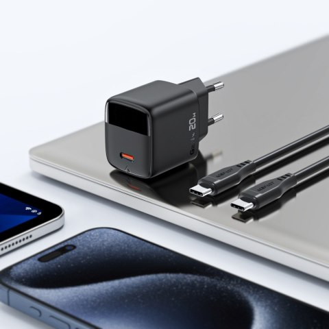 Ładowarka sieciowa z wyświetlaczem kablem USB-C GaN PD 20W - czarna