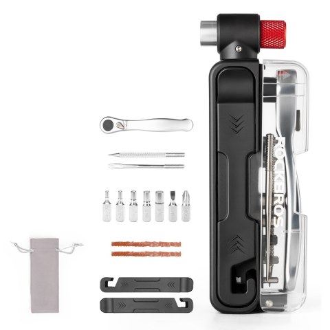 Zestaw narzędzi rowerowych multitool z pompką na naboje CO2 i kluczem grzechotkowym