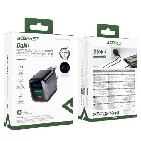 Ładowarka sieciowa z wyświetlaczem USB-A USB-C GaN PD 35W - czarna