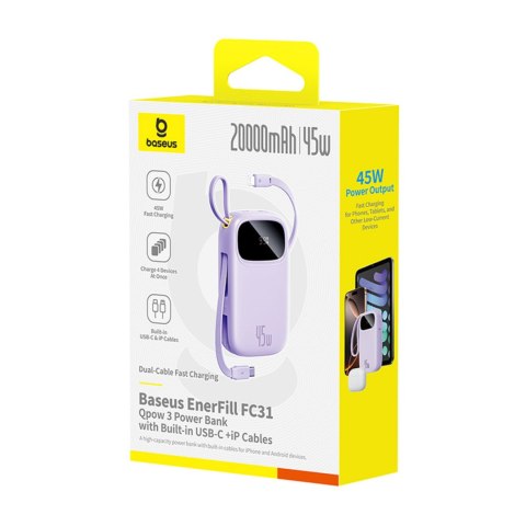 Powerbank 20000mAh 45W z wyświetlaczem kablami USB-C Lightning EnerFill FC31 - fioletowy