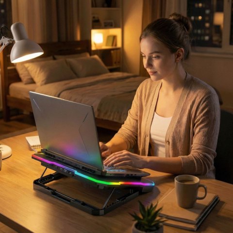 Podstawka chłodząca gamingowa pod laptop z uchwytem na telefon RGB - czarna