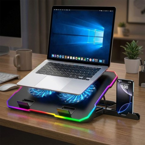 Podstawka chłodząca gamingowa pod laptop z uchwytem na telefon RGB - czarna