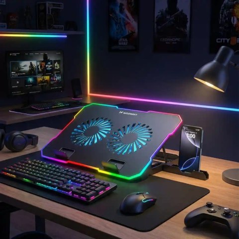 Podstawka chłodząca gamingowa pod laptop z uchwytem na telefon RGB - czarna