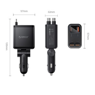 Ładowarka samochodowa USB-A USB-C 45W ze zwijanymi kablami USB-C - czarna