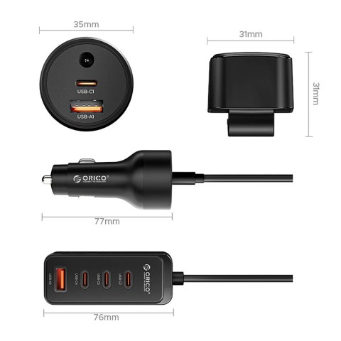 Ładowarka samochodowa USB-A USB-C z przedłużaczem 108W - czarna