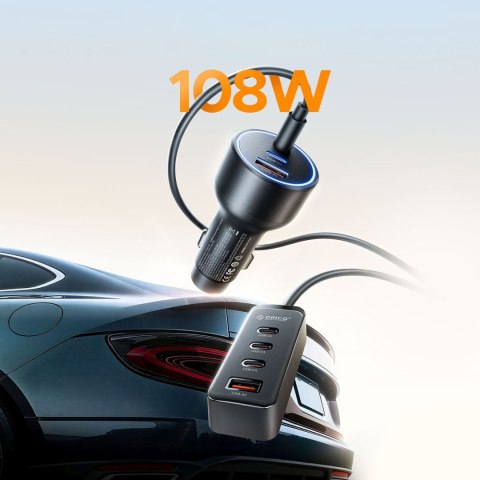 Ładowarka samochodowa USB-A USB-C z przedłużaczem 108W - czarna