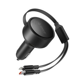 Ładowarka samochodowa USB-C 60 W ze zwijanymi kablami USB-C iPhone Lightning - czarna