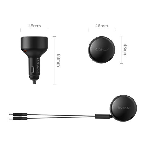 Ładowarka samochodowa USB-C 60 W ze zwijanymi kablami USB-C iPhone Lightning - czarna