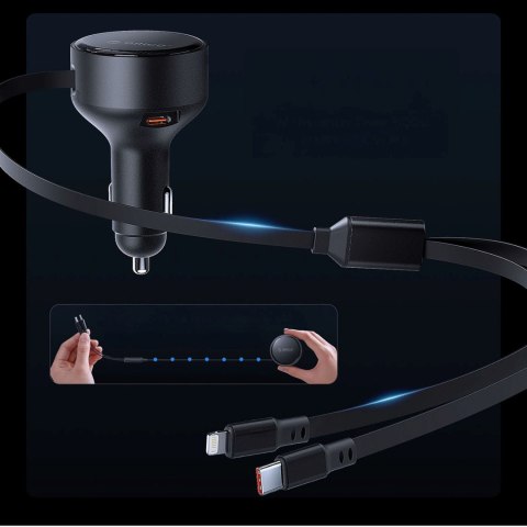 Ładowarka samochodowa USB-C 60 W ze zwijanymi kablami USB-C iPhone Lightning - czarna
