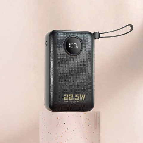 Powerbank 20000mAh USB-C USB-A z wbudowanymi kablami iPhone Lightning USB-C - czarny