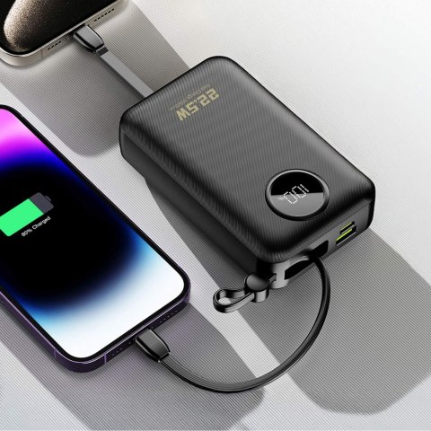 Powerbank 20000mAh USB-C USB-A z wbudowanymi kablami iPhone Lightning USB-C - czarny