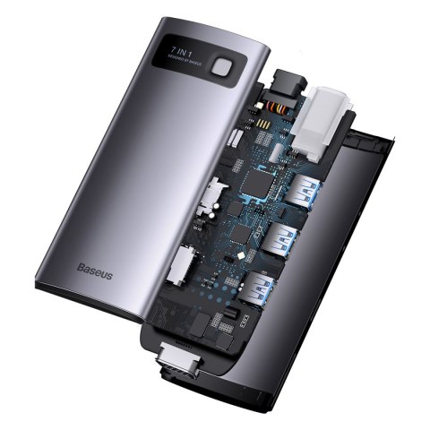 Stacja dokująca HUB 7w1 USB-C 1xHDMI 1xVGA 3xUSB 3.2 1xPower Delivery RJ-45 Ethernet szary
