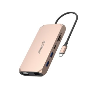 Adapter HUB 12w1 USB-C - USB-A USB-C HDMI VGA SD/microSD RJ45 mini jack PD 100W 4K - różowo złoty