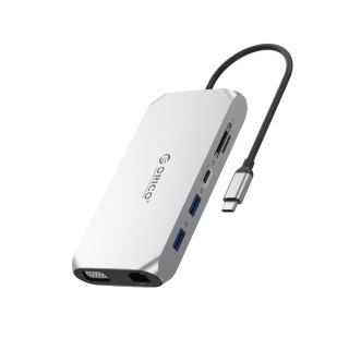 Adapter HUB 12w1 USB-C - USB-A USB-C HDMI VGA SD/microSD RJ45 mini jack PD 100W 4K - srebrny