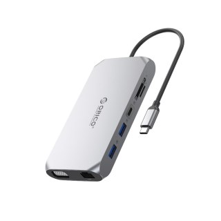 Adapter HUB 12w1 USB-C - USB-A USB-C HDMI VGA SD/microSD RJ45 mini jack PD 100W 4K - szary
