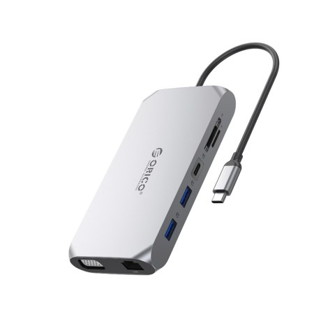 Adapter HUB 12w1 USB-C - USB-A USB-C HDMI VGA SD/microSD RJ45 mini jack PD 100W 4K - szary