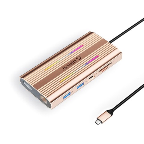 HUB 12w1 USB-C - USB-A USB-C HDMI DisplayPort RJ45 SD/microSD 4K PD 100 W RGB - różowo złoty